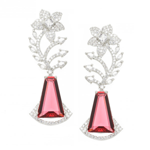 Rhodium-Plated Red & White American Diamond studded Floral Theme Drop Earrings