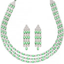 Rhodium-Plated Green American Diamond Studded Layered Necklace & Earrings Jewellery Set