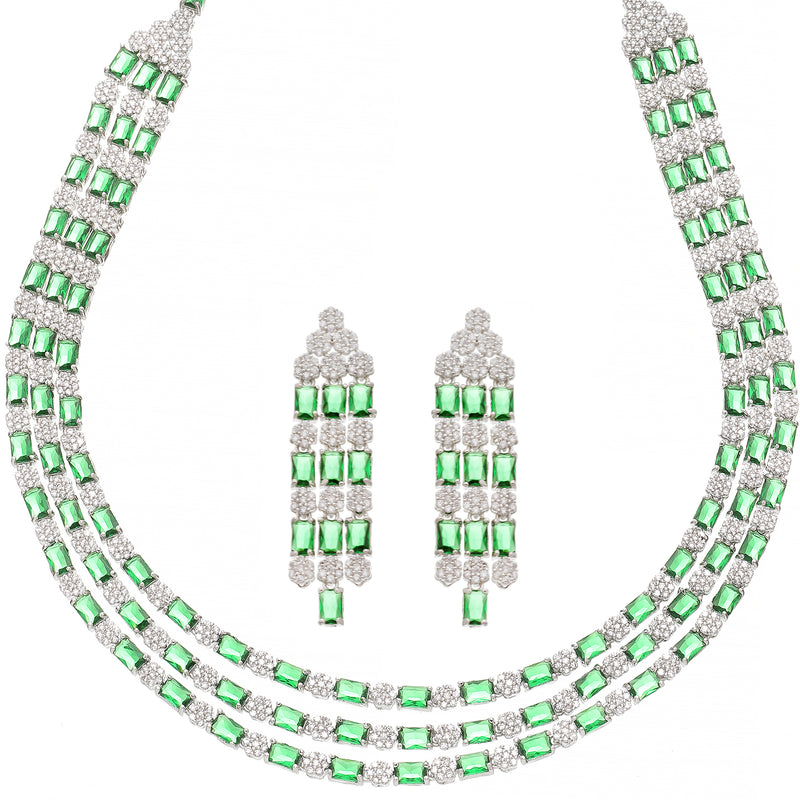 Rhodium-Plated Green American Diamond Studded Layered Necklace & Earrings Jewellery Set