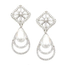Rhodium-Plated White American Diamond studded Handcrafted Teardrop Layered Drop Earrings