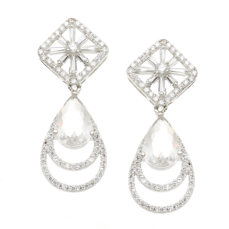 Rhodium-Plated White American Diamond studded Handcrafted Teardrop Layered Drop Earrings