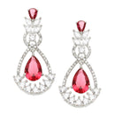 Rhodium-Plated Red American Diamond studded Teardrop & Leaf Shaped Drop Earrings