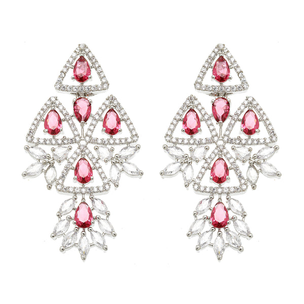 Rhodium-Plated Red & White American Diamond studded Triangular Shaped Drop Earrings