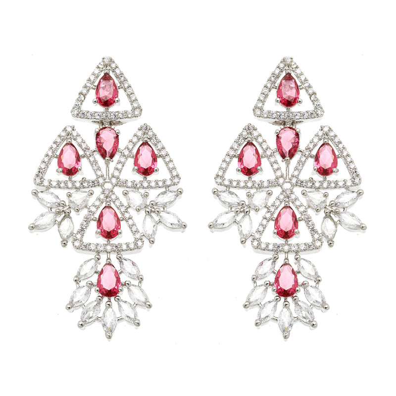 Rhodium-Plated Red & White American Diamond studded Triangular Shaped Drop Earrings