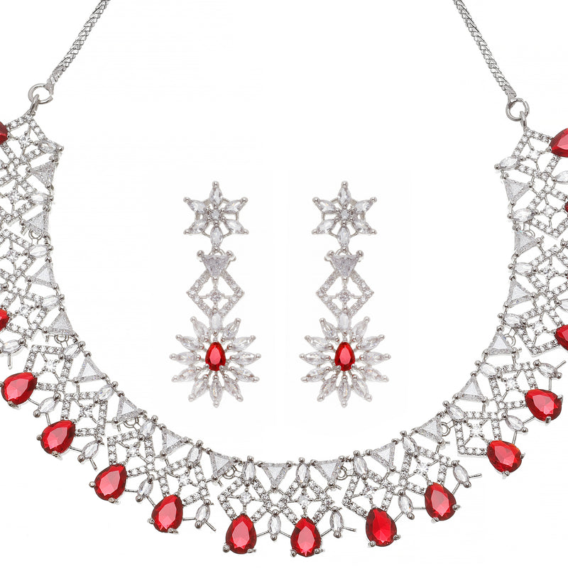 Rhodium-Plated Red & White Dribble Shape American Diamonds Studded Necklace & Earrings Jewellery Set
