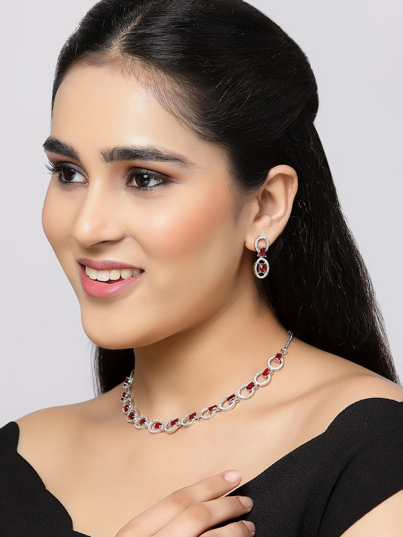 Rhodium-Plated Red American Diamond Studded Disc-Shaped Necklace & Earrings Jewellery Set