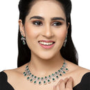 Rhodium-Plated Green American Diamond Studded Designer Necklace & Earrings Jewellery Set