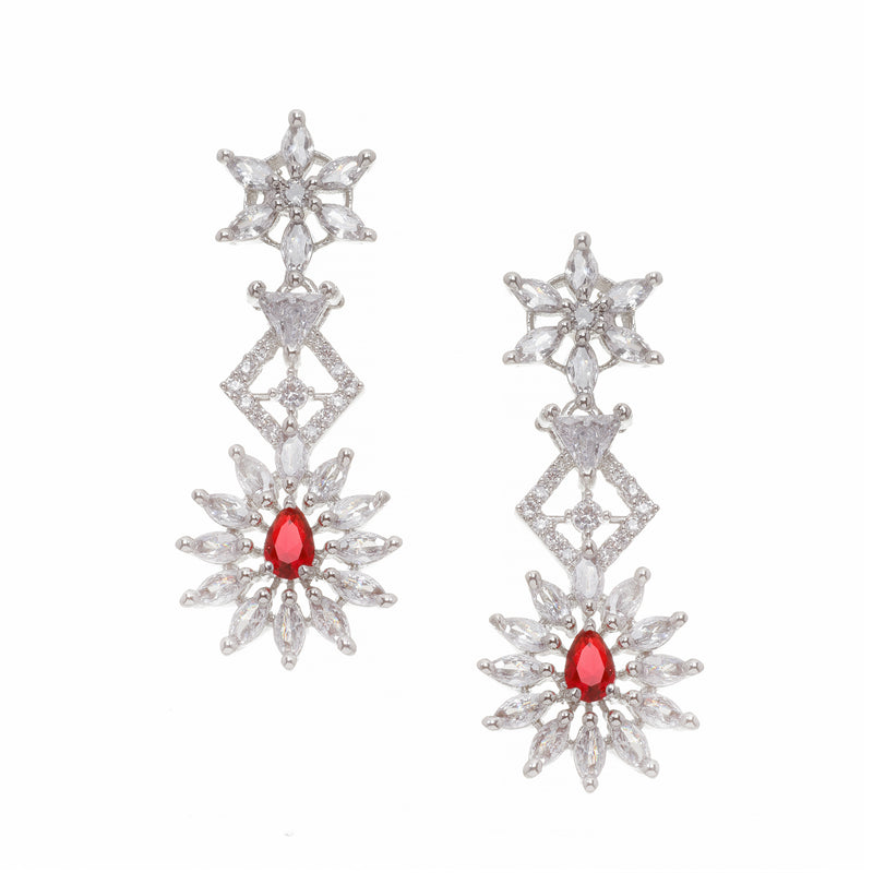 Rhodium-Plated Red & White Dribble Shape American Diamonds Studded Necklace & Earrings Jewellery Set