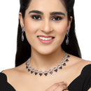 Rhodium-Plated Navy Blue Oval American Diamond Studded Circular Shaped Necklace & Earrings Jewellery Set