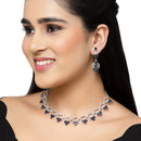 Rhodium-Plated Navy Blue Oval American Diamond Studded Circular Shaped Necklace & Earrings Jewellery Set