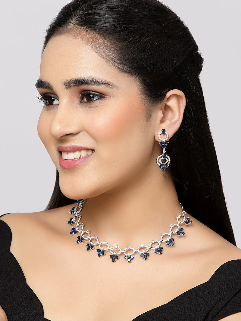 Rhodium-Plated Navy Blue Oval American Diamond Studded Circular Shaped Necklace & Earrings Jewellery Set