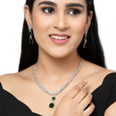 Rhodium-Plated Green Square American Diamonds Studded Pendulous Necklace & Earrings Jewellery Set