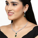 Rhodium-Plated Green Square American Diamonds Studded Pendulous Necklace & Earrings Jewellery Set