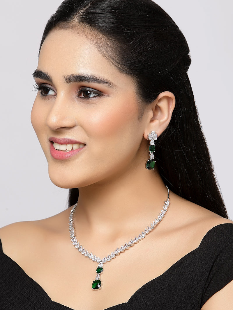 Rhodium-Plated Green Square American Diamonds Studded Pendulous Necklace & Earrings Jewellery Set