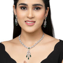 Rhodium-Plated Green Baguette Teardrops American Diamonds Studded Necklace & Earrings Jewellery Set