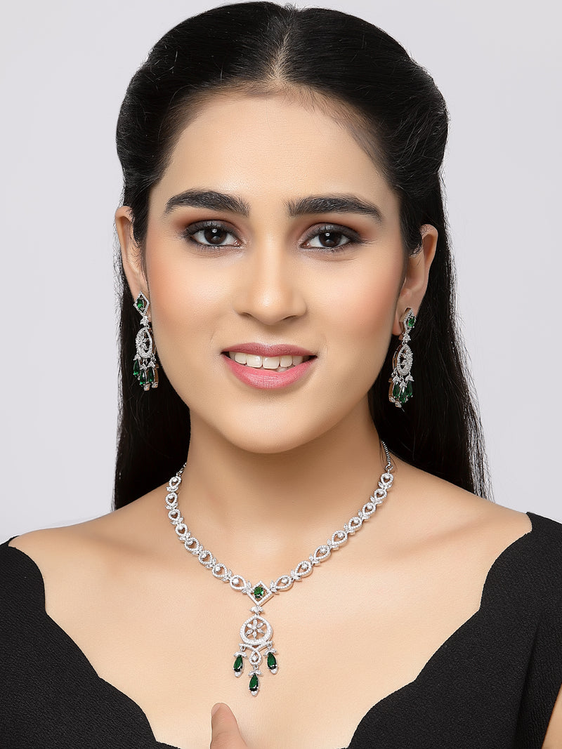 Rhodium-Plated Green Baguette Teardrops American Diamonds Studded Necklace & Earrings Jewellery Set