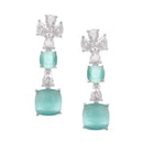 Rhodium-Plated Sea Green Square American Diamonds Studded Pendulous Necklace & Earrings Jewellery Set