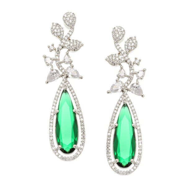 Rhodium-Plated Green American Diamond studded Teardrop & Leaf Shaped Drop Earrings