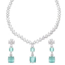 Rhodium-Plated Sea Green Square American Diamonds Studded Pendulous Necklace & Earrings Jewellery Set
