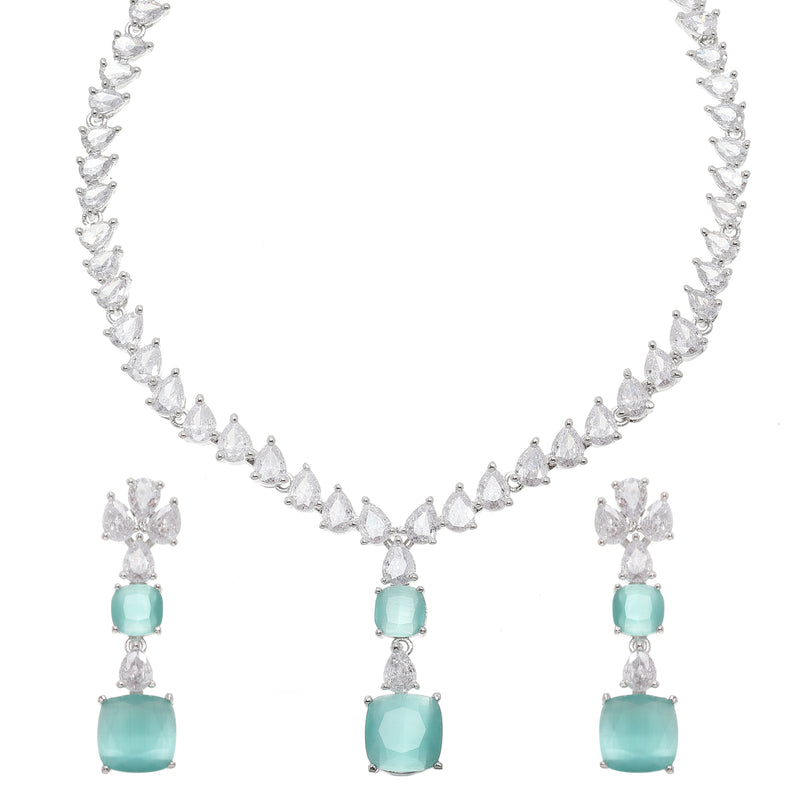 Rhodium-Plated Sea Green Square American Diamonds Studded Pendulous Necklace & Earrings Jewellery Set