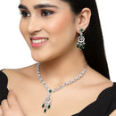 Rhodium-Plated Green Baguette Teardrops American Diamonds Studded Necklace & Earrings Jewellery Set