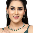 Rhodium-Plated Green Oval American Diamond Studded Circular Shaped Necklace & Earrings Jewellery Set