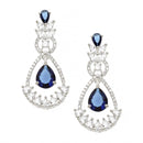 Rhodium-Plated Navy Blue American Diamond studded Teardrop & Leaf Shaped Drop Earrings