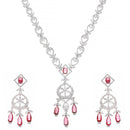 Rhodium-Plated Red Baguette Teardrops American Diamonds Studded Necklace & Earrings Jewellery Set