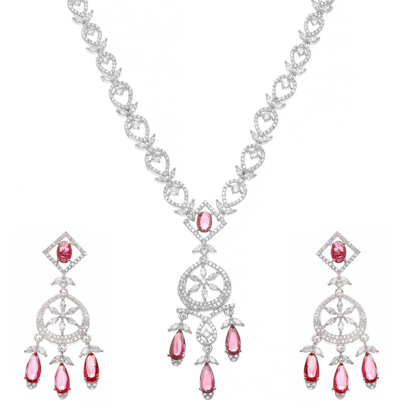 Rhodium-Plated Red Baguette Teardrops American Diamonds Studded Necklace & Earrings Jewellery Set