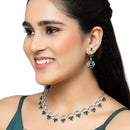 Rhodium-Plated Green Oval American Diamond Studded Circular Shaped Necklace & Earrings Jewellery Set