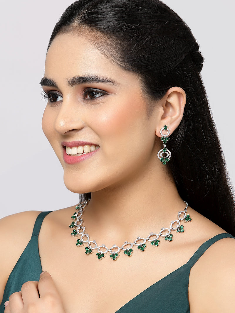 Rhodium-Plated Green Oval American Diamond Studded Circular Shaped Necklace & Earrings Jewellery Set