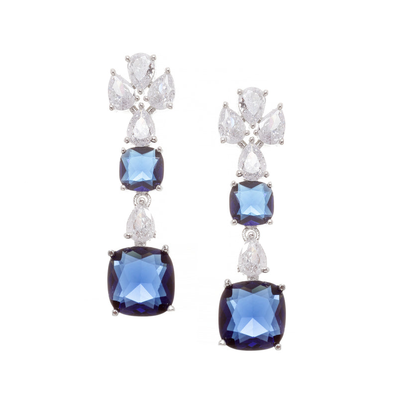 Rhodium-Plated Navy Blue Square American Diamonds Studded Pendulous Necklace & Earrings Jewellery Set