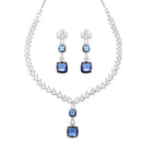 Rhodium-Plated Navy Blue Square American Diamonds Studded Pendulous Necklace & Earrings Jewellery Set