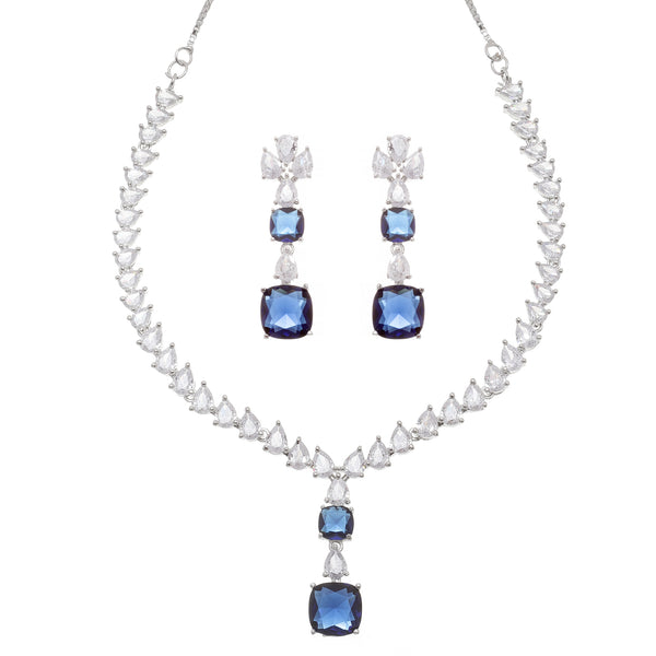 Rhodium-Plated Navy Blue Square American Diamonds Studded Pendulous Necklace & Earrings Jewellery Set