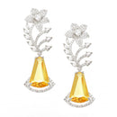 Rhodium-Plated Yellow & White American Diamond studded Floral Theme Drop Earrings