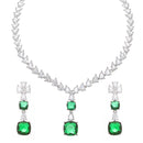 Rhodium-Plated Green Square American Diamonds Studded Pendulous Necklace & Earrings Jewellery Set