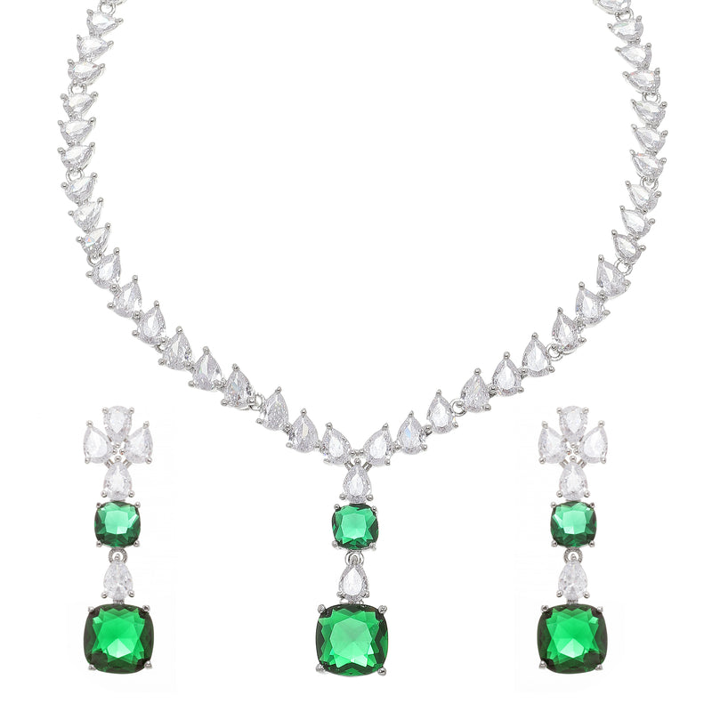 Rhodium-Plated Green Square American Diamonds Studded Pendulous Necklace & Earrings Jewellery Set