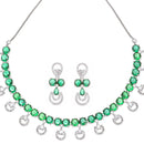 Rhodium-Plated Green American Diamonds Studded Contemporary Necklace & Earrings Jewellery Set