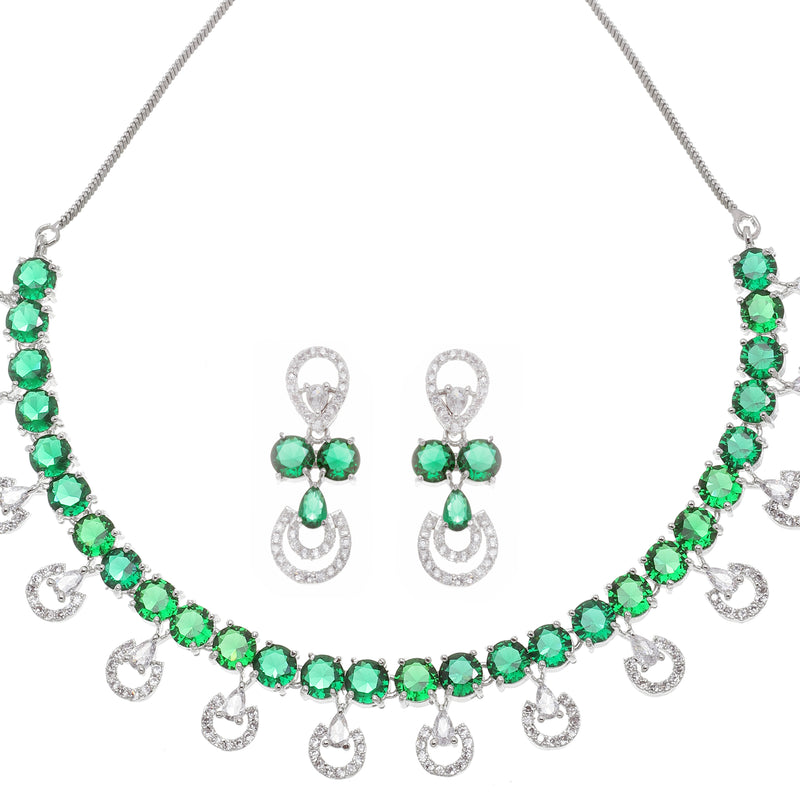 Rhodium-Plated Green American Diamonds Studded Contemporary Necklace & Earrings Jewellery Set