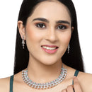 Rhodium-Plated Sea Green & Pink American Diamond Studded Triangular Design Necklace & Earrings Jewellery Set
