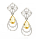 Rhodium-Plated Yellow American Diamond studded Handcrafted Teardrop Layered Drop Earrings