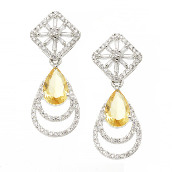 Rhodium-Plated Yellow American Diamond studded Handcrafted Teardrop Layered Drop Earrings