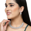 Rhodium-Plated Sea Green & Pink American Diamond Studded Triangular Design Necklace & Earrings Jewellery Set