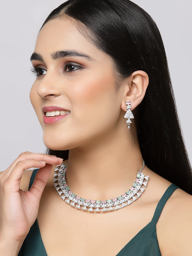 Rhodium-Plated Sea Green & Pink American Diamond Studded Triangular Design Necklace & Earrings Jewellery Set