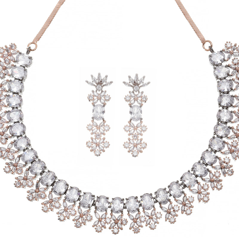 Rose Gold-Plated Gunmetal Toned White American Diamonds Studded Wacky Necklace & Earrings