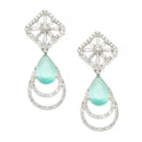 Rhodium-Plated Sea Green American Diamond studded Handcrafted Teardrop Layered Drop Earrings