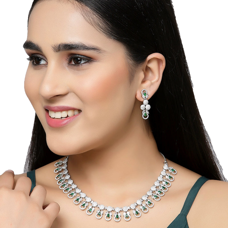 Rhodium-Plated Green American Diamonds Studded Voguish Necklace & Earrings Jewellery Set
