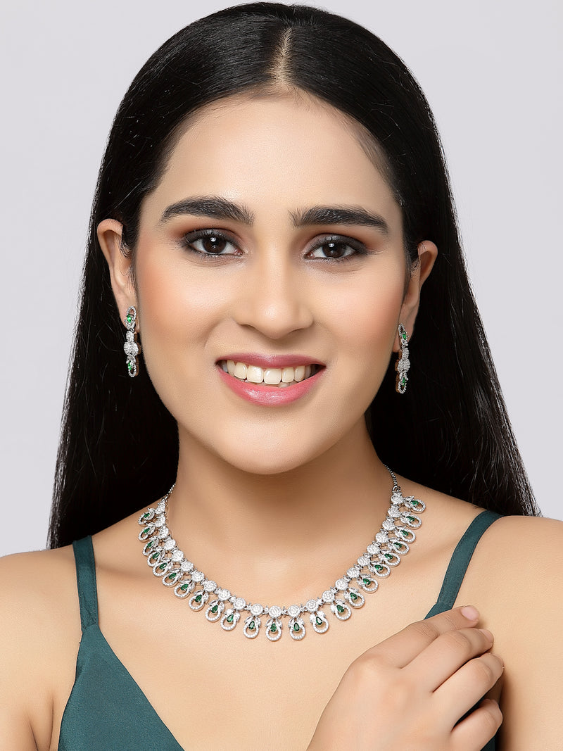 Rhodium-Plated Green American Diamonds Studded Voguish Necklace & Earrings Jewellery Set