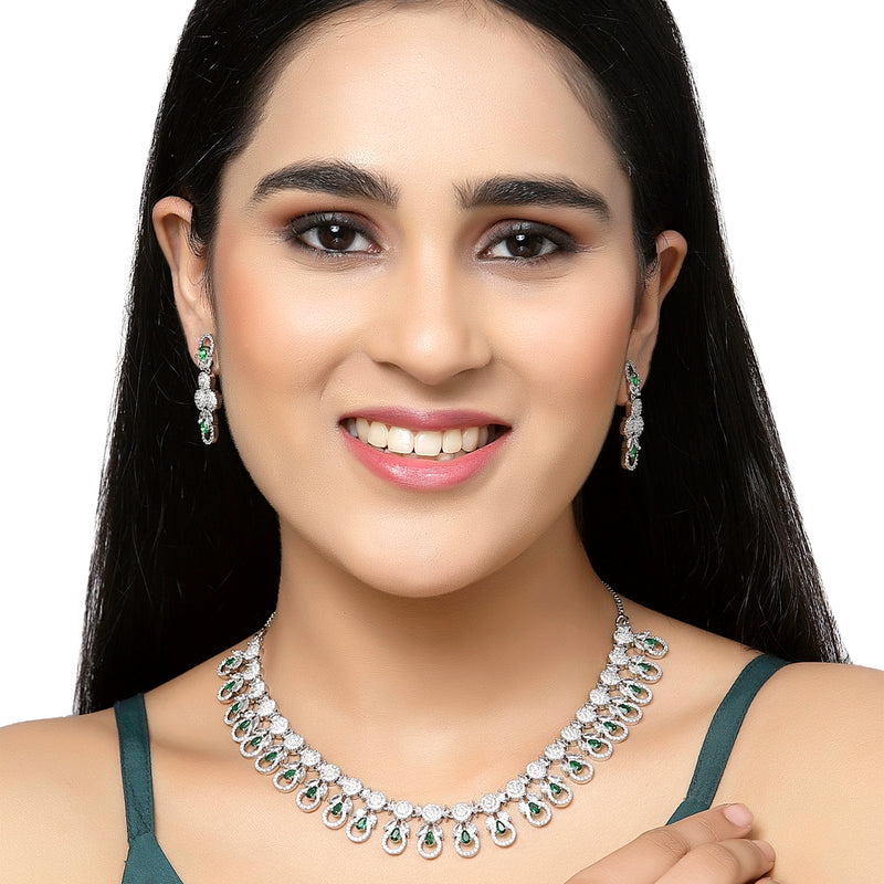 Rhodium-Plated Green American Diamonds Studded Voguish Necklace & Earrings Jewellery Set