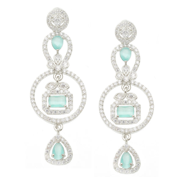 Rhodium-Plated Sea Green American Diamond studded Circular Shaped Drop Earrings